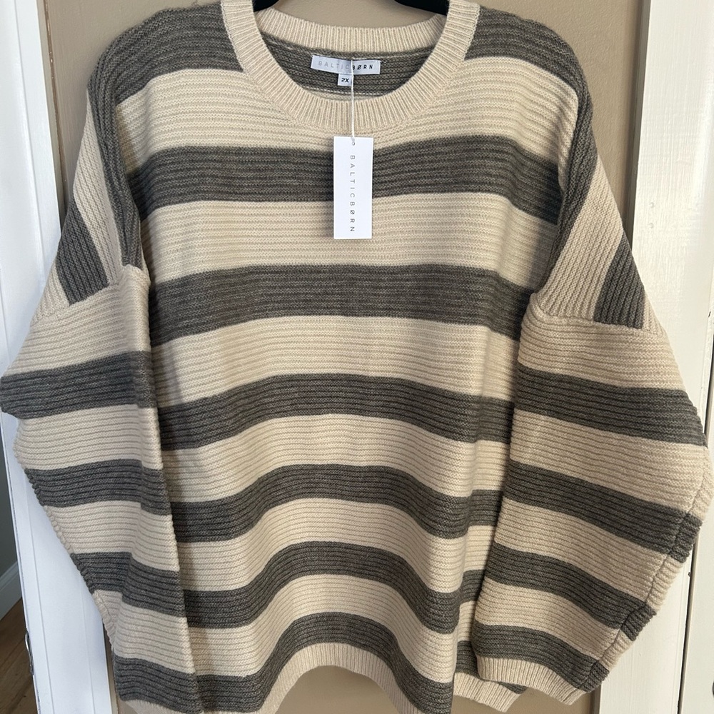 Baltic Born Cream and Gray Striped Crewneck Sweater